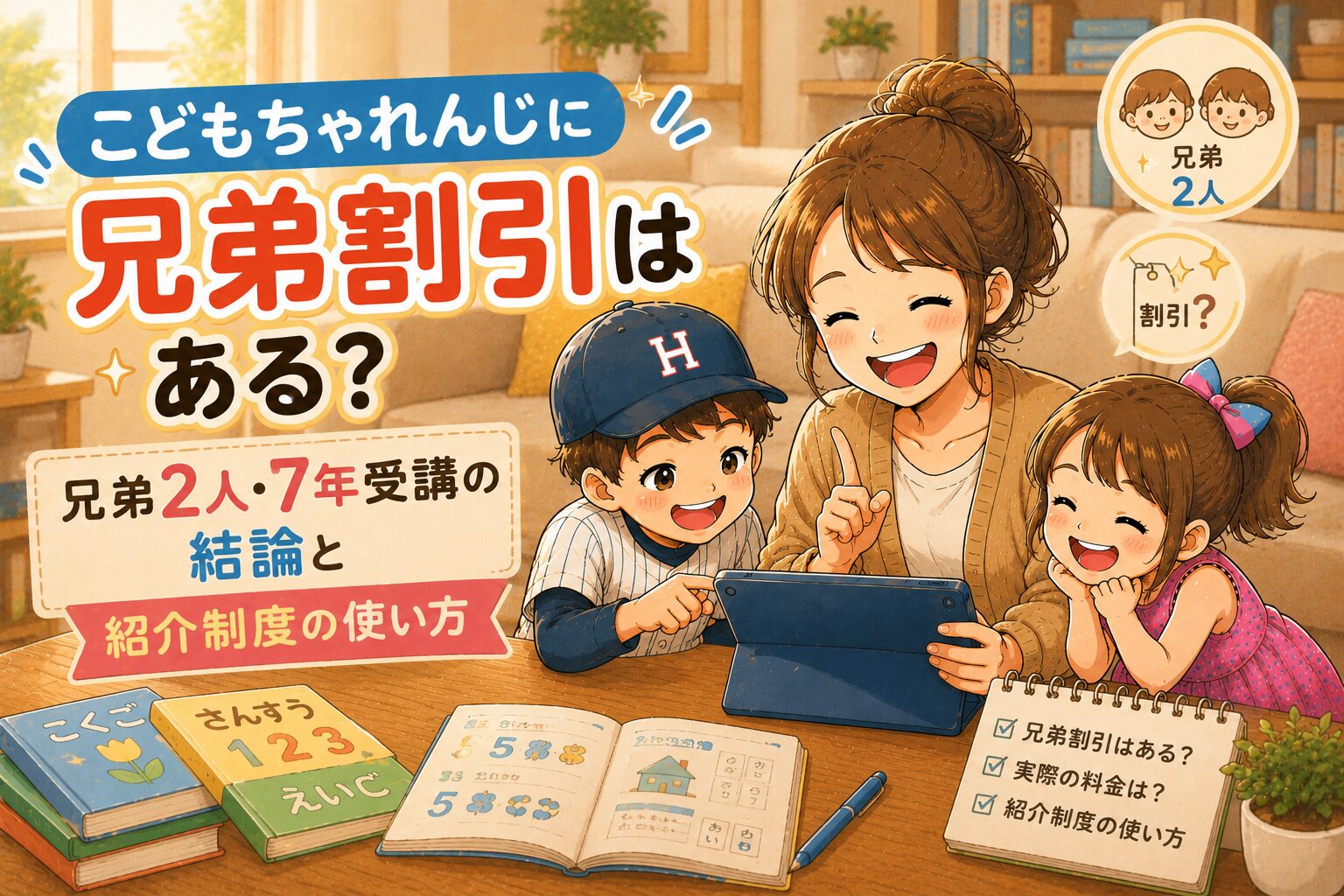 こどもちゃれんじに兄弟割引はある?兄弟2人・7年受講の結論と紹介制度の使い方