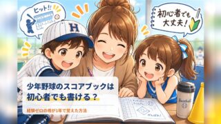 スコアブックを書く母と、それをのぞきこむ野球ユニフォーム姿の息子と応援の娘のイラスト。少年野球のスコアブックは初心者でも書けるかを書いた記事のアイキャッチ