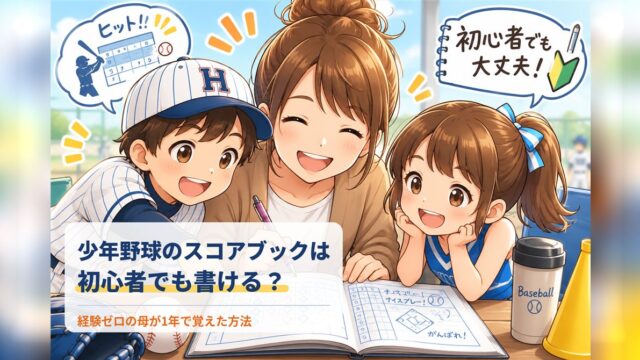 スコアブックを書く母と、それをのぞきこむ野球ユニフォーム姿の息子と応援の娘のイラスト。少年野球のスコアブックは初心者でも書けるかを書いた記事のアイキャッチ