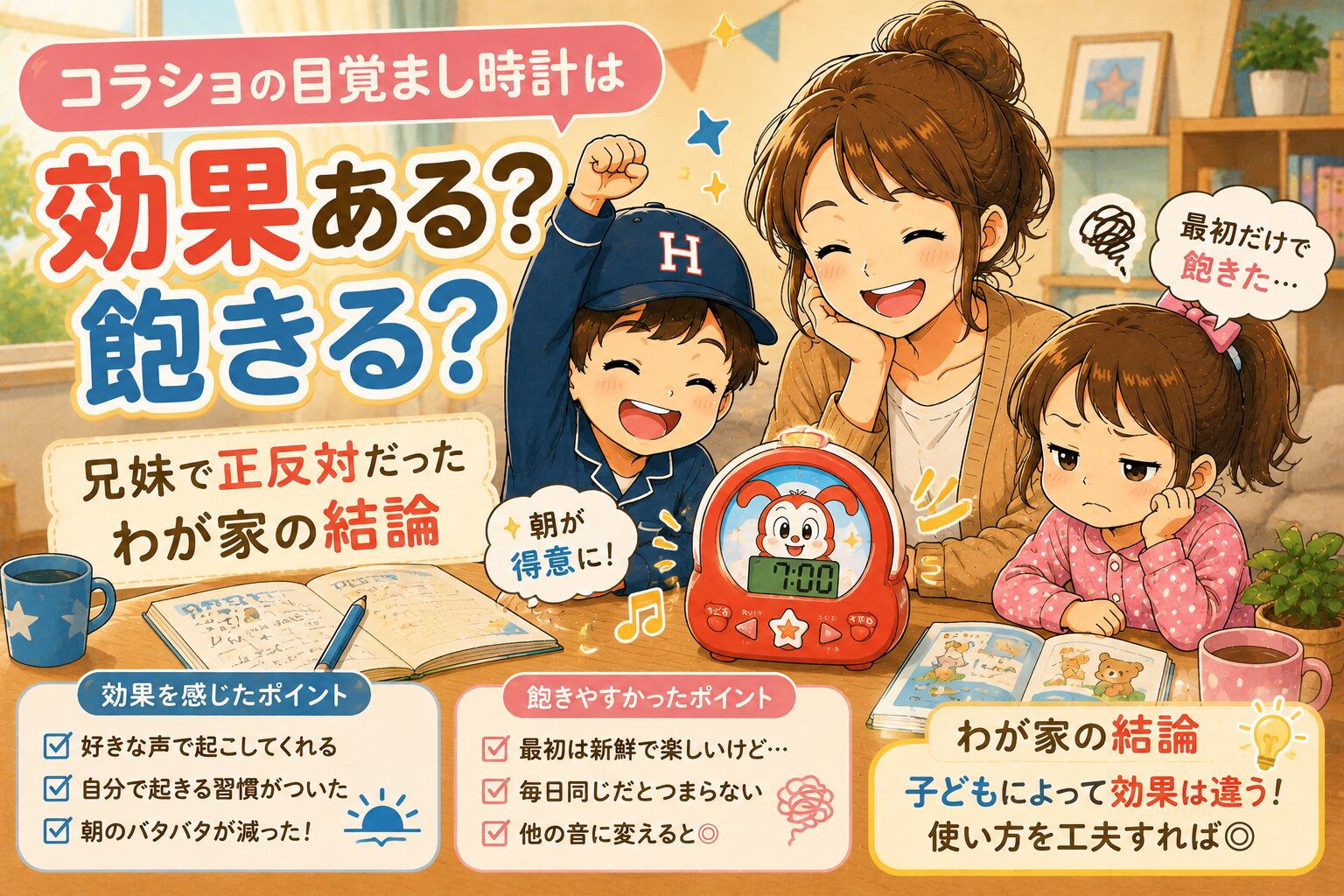 コラショの目覚まし時計は効果ある？飽きる？兄妹で正反対だったわが家の結論
