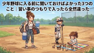 荷物を抱えた母と、泥だらけのユニフォームでバットを持つ息子、シートの上でひとりで遊ぶ下の子。少年野球のグラウンドのイラスト。少年野球に入る前に聞いておけばよかったことを書いた記事のアイキャッチ
