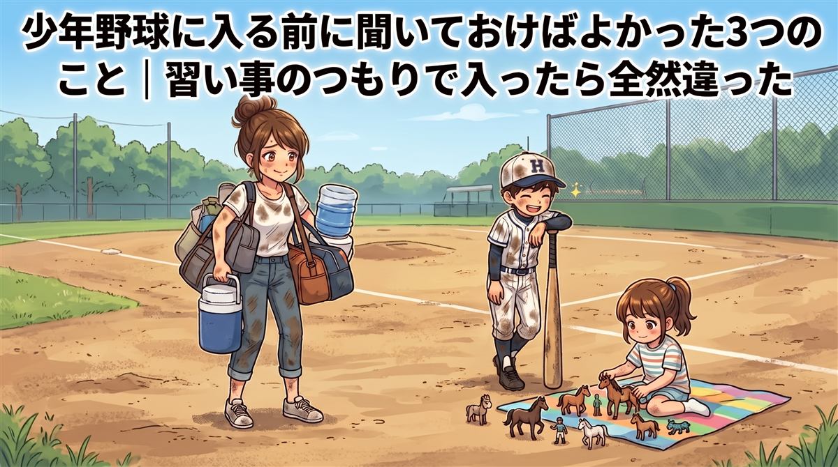 荷物を抱えた母と、泥だらけのユニフォームでバットを持つ息子、シートの上でひとりで遊ぶ下の子。少年野球のグラウンドのイラスト。少年野球に入る前に聞いておけばよかったことを書いた記事のアイキャッチ