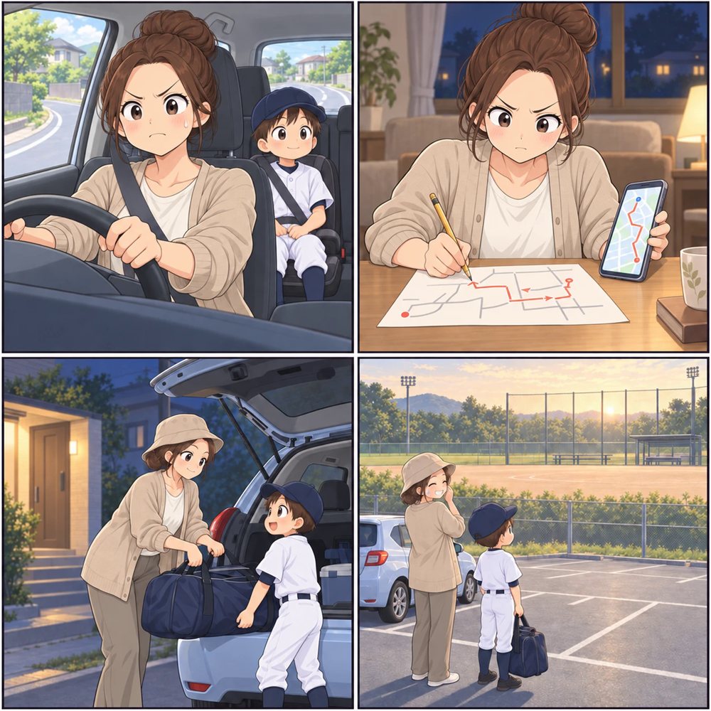 少年野球の遠征の4コマ漫画。運転が緊張する母が、前の晩に道順を調べ、まだ暗いうちに出発して、誰もいないグラウンドに一番乗りする