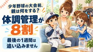 少年野球の大会前の家族。ユニフォーム姿の息子が水を飲み、母が見守り、チア服の娘がタオルを差し出している