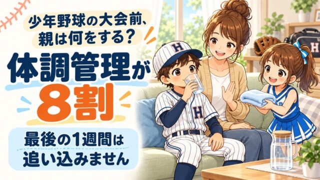 少年野球の大会前の家族。ユニフォーム姿の息子が水を飲み、母が見守り、チア服の娘がタオルを差し出している
