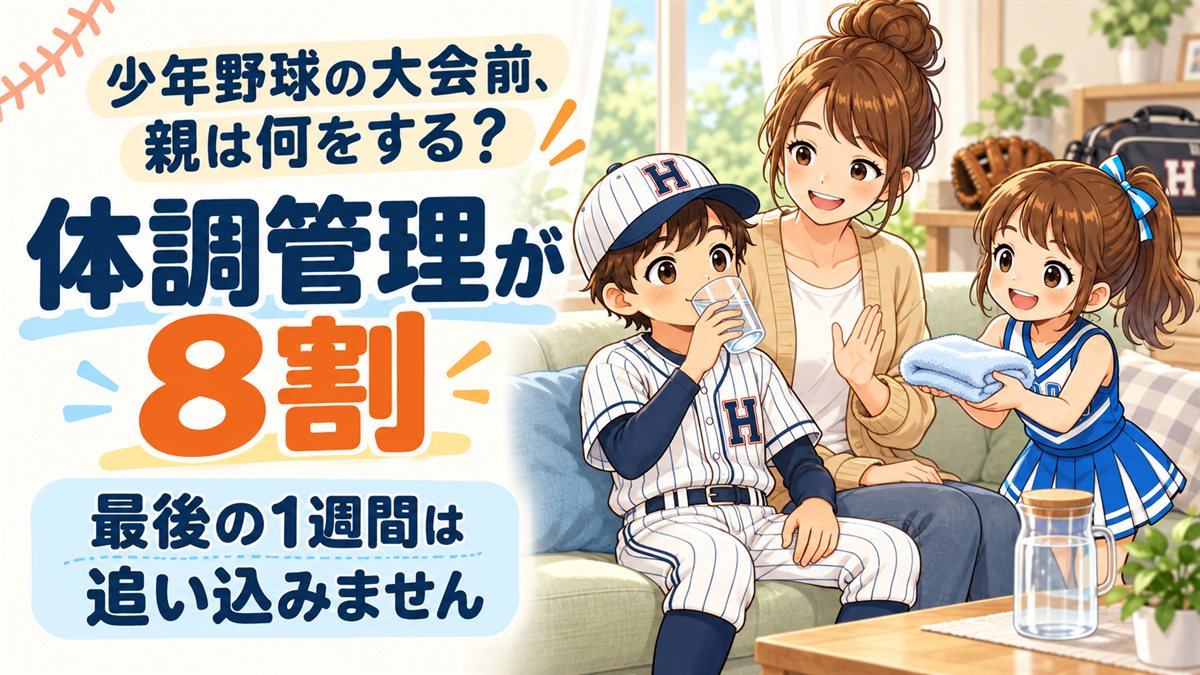 少年野球の大会前の家族。ユニフォーム姿の息子が水を飲み、母が見守り、チア服の娘がタオルを差し出している
