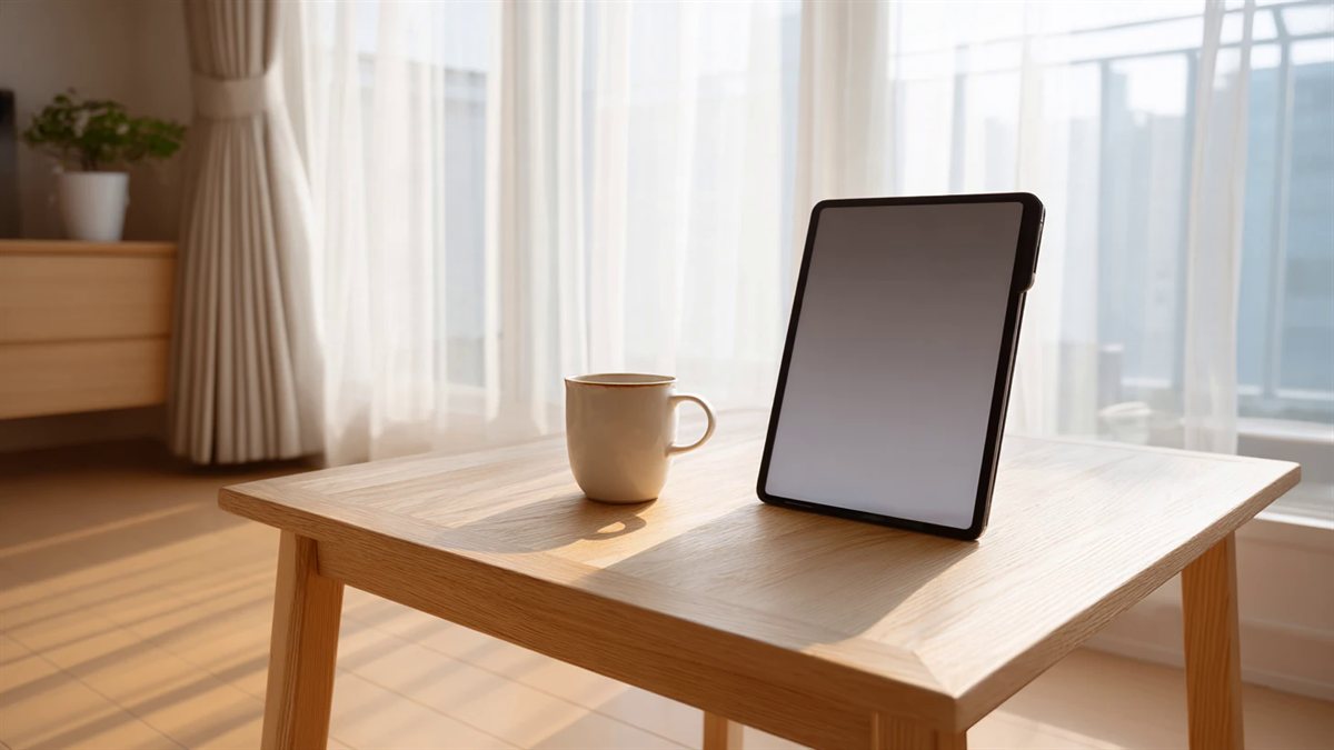 明るい窓辺の木のテーブルに、立てかけた学習タブレットとマグカップが置かれている