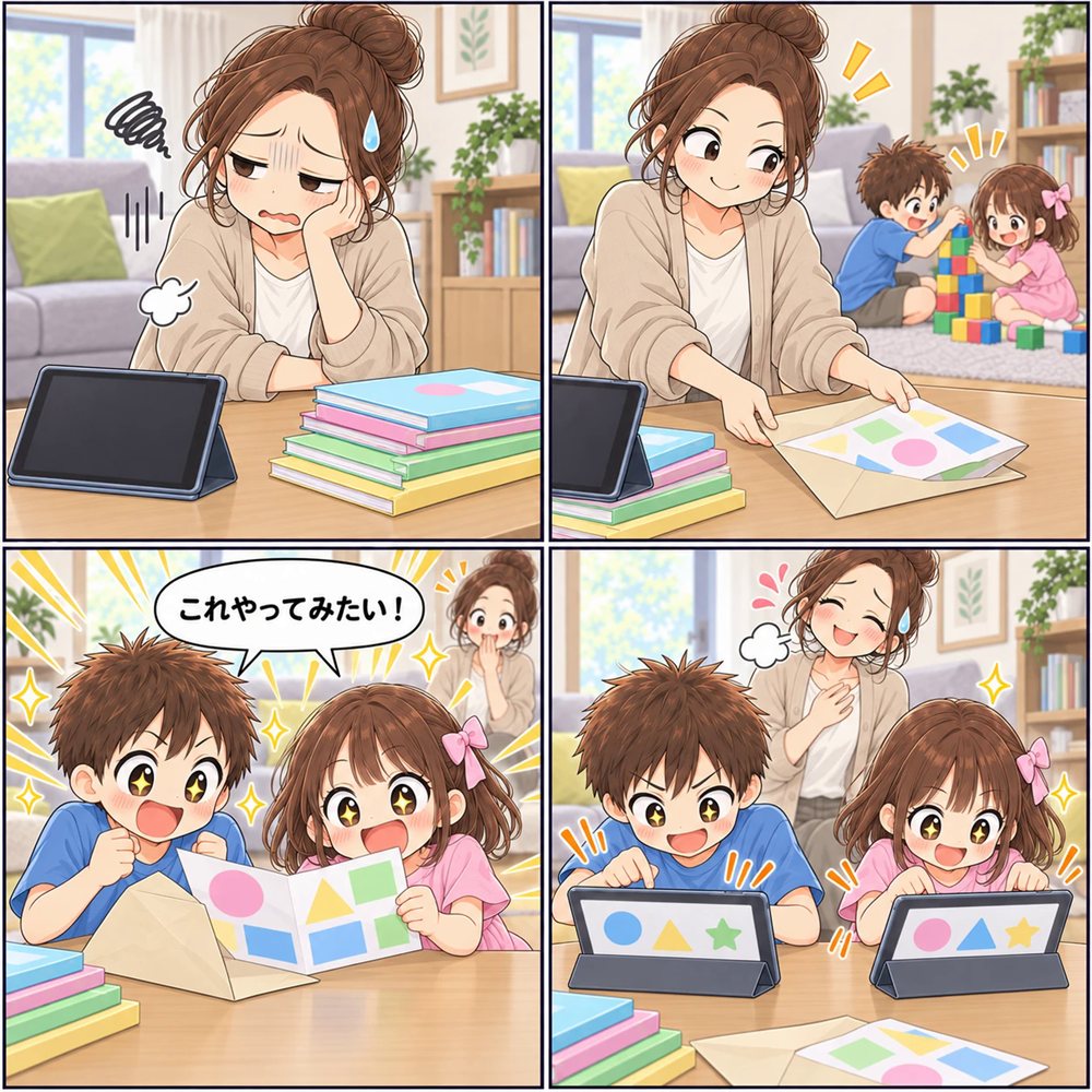 チャレンジタッチは飽きるのかを描いた4コマ漫画。放置されたタブレットと溜まった教材、届いたチラシを兄妹が自分から開けて「これやってみたい!」と言い、二人ともタブレットに戻る