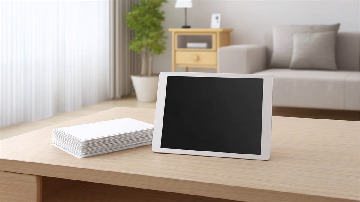 画面を消したままリビングのテーブルに置かれた学習タブレットと、手つかずのまま積まれた紙