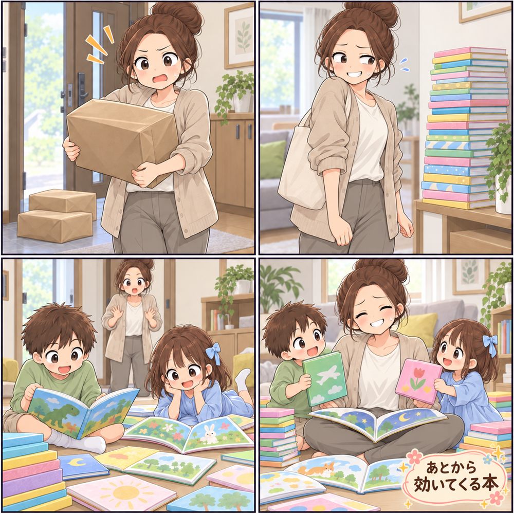 4コマ漫画。届いた絵本の包みが開けられずに積み上がり、ある日子どもたちが自分から読みだして、最後は母が次々に読み聞かせをすることになる