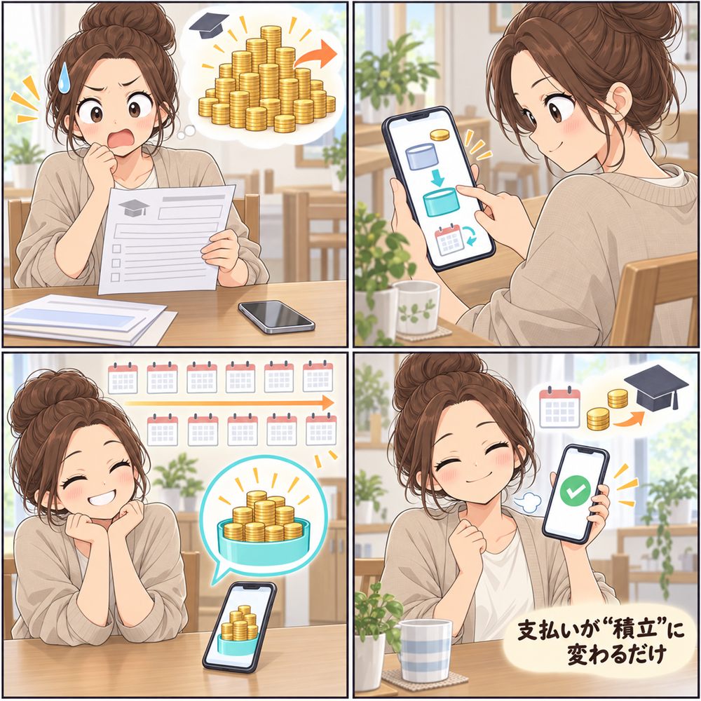 4コマ漫画。まとまった支払いにひるむ母が、毎月べつの口座にお金を移し、1年後にたまったお金で年1回の支払いを済ませてほっとする