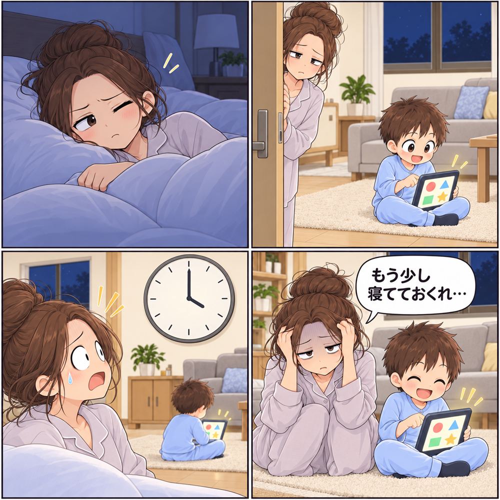 4コマ漫画。物音で目を覚ました母が見にいくと、年長の息子がリビングでタブレット学習をしている。時計を見るとまだ4時で、母が「もう少し寝てておくれ…」と頭をかかえる