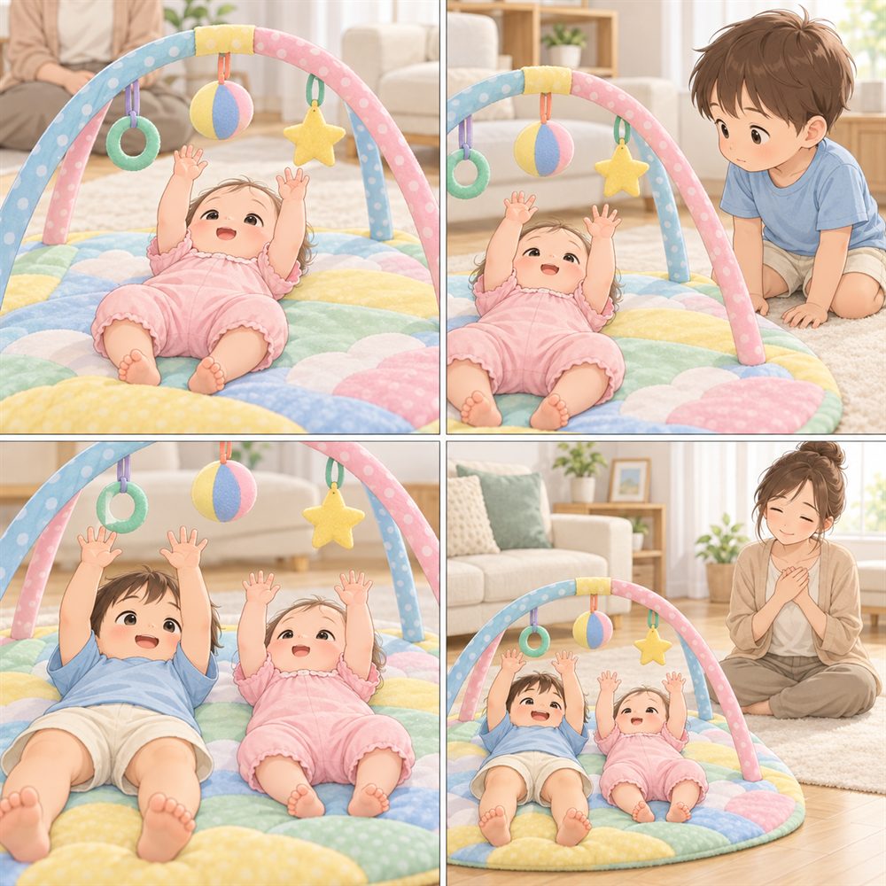 こどもちゃれんじの0歳向けプレイジムの4コマ漫画。0歳の妹がジムで遊び、それを見た2歳の兄が真似をして並んで寝転がる。母がほっこり見守る