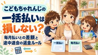 「一括払い」「毎月払い」と書かれた札を前に考える母と子ども2人のイラストと、「こどもちゃれんじの一括払いは損しない？毎月払いとの差額と途中退会の返金ルール」の文字