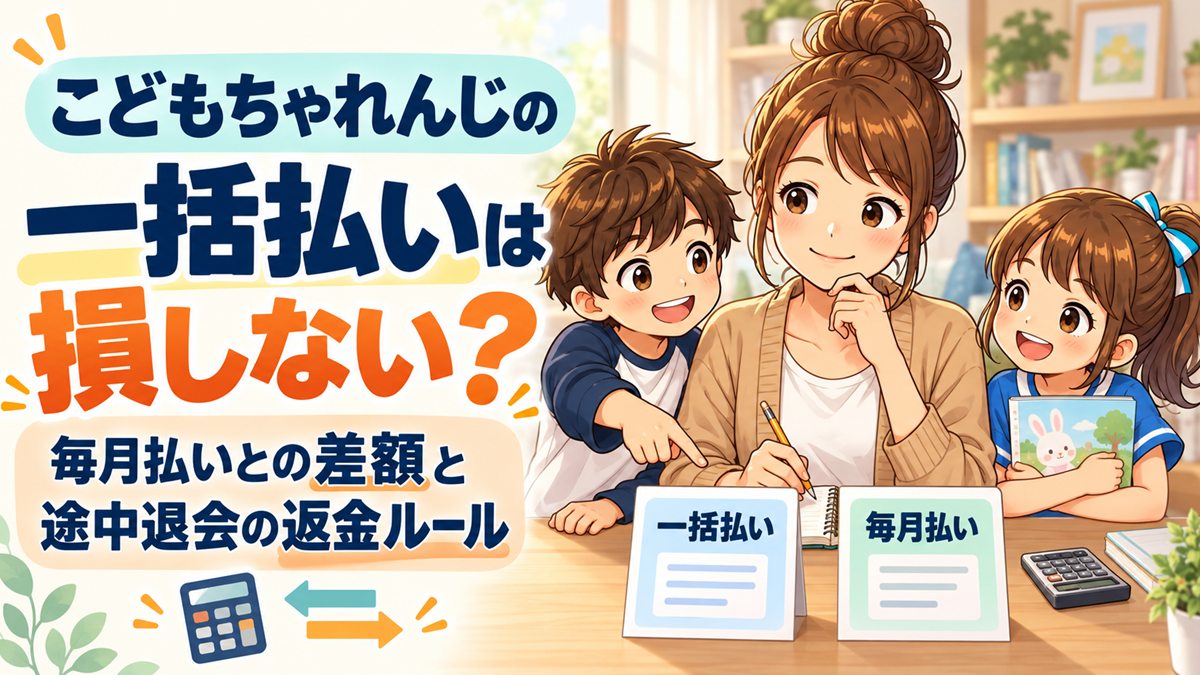「一括払い」「毎月払い」と書かれた札を前に考える母と子ども2人のイラストと、「こどもちゃれんじの一括払いは損しない？毎月払いとの差額と途中退会の返金ルール」の文字
