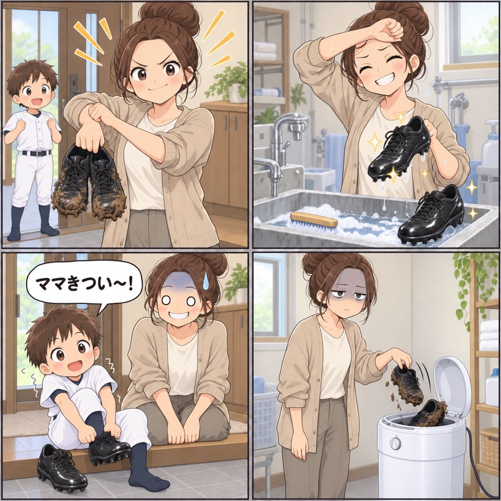 少年野球のスパイクの洗い方の4コマ漫画。母が泥だらけのスパイクを一生懸命洗ってピカピカにするが、履いた息子が「ママきつい〜！」。最後はバケツ洗濯機に入れて回す